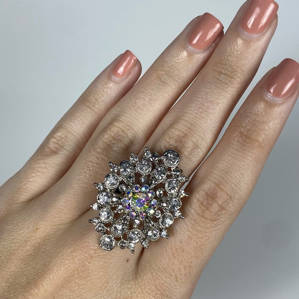 Silver And Ab Crystal Statement Ring - image 1